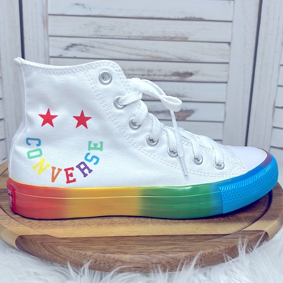 CONVERSE l Chuck Taylor All Star Hi Smiley White Rainbow Color High Tops 7.5 - Picture 2 of 9